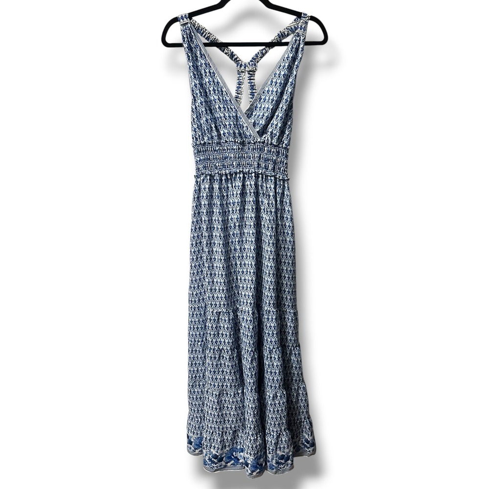 Max Studio London Blue White Floral Smocked Maxi Dress XL Strappy Resort Coastal